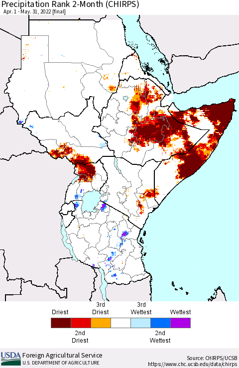 Eastern Africa Precipitation Rank since 1981, 2-Month (CHIRPS) Thematic Map For 4/1/2022 - 5/31/2022