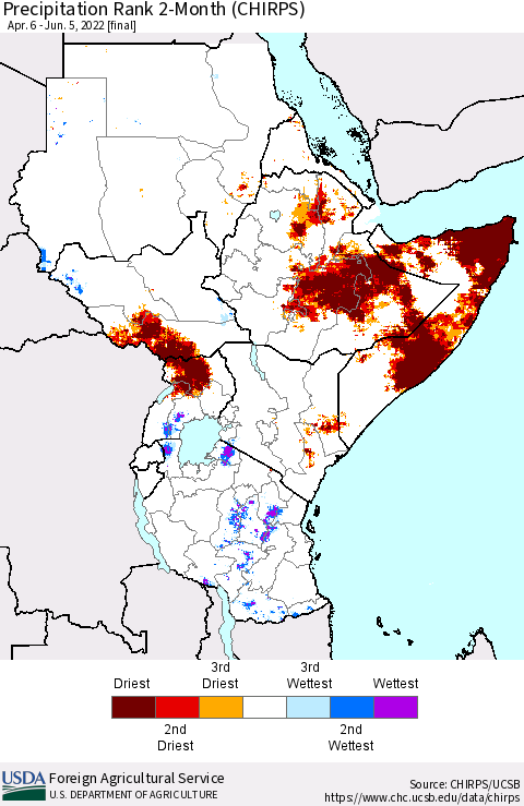 Eastern Africa Precipitation Rank 2-Month (CHIRPS) Thematic Map For 4/6/2022 - 6/5/2022