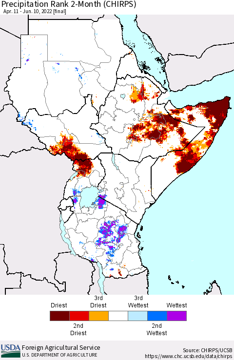 Eastern Africa Precipitation Rank since 1981, 2-Month (CHIRPS) Thematic Map For 4/11/2022 - 6/10/2022
