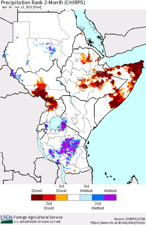 Eastern Africa Precipitation Rank 2-Month (CHIRPS) Thematic Map For 4/16/2022 - 6/15/2022