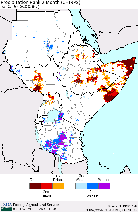 Eastern Africa Precipitation Rank since 1981, 2-Month (CHIRPS) Thematic Map For 4/21/2022 - 6/20/2022