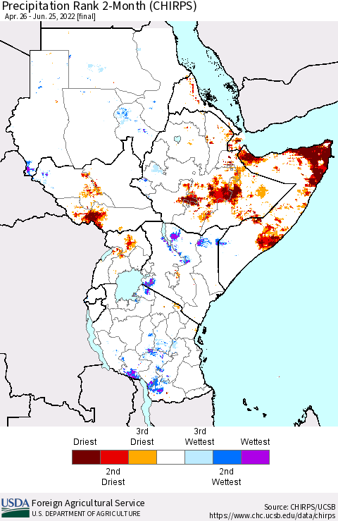 Eastern Africa Precipitation Rank since 1981, 2-Month (CHIRPS) Thematic Map For 4/26/2022 - 6/25/2022