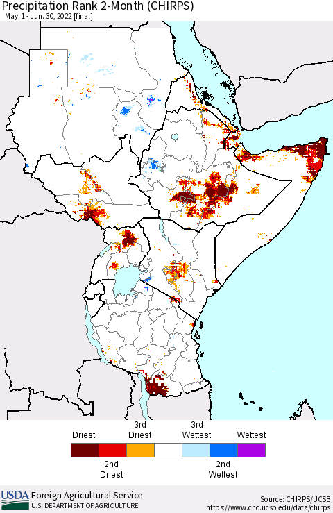 Eastern Africa Precipitation Rank 2-Month (CHIRPS) Thematic Map For 5/1/2022 - 6/30/2022