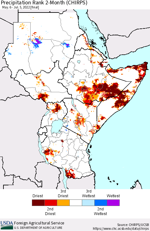 Eastern Africa Precipitation Rank 2-Month (CHIRPS) Thematic Map For 5/6/2022 - 7/5/2022