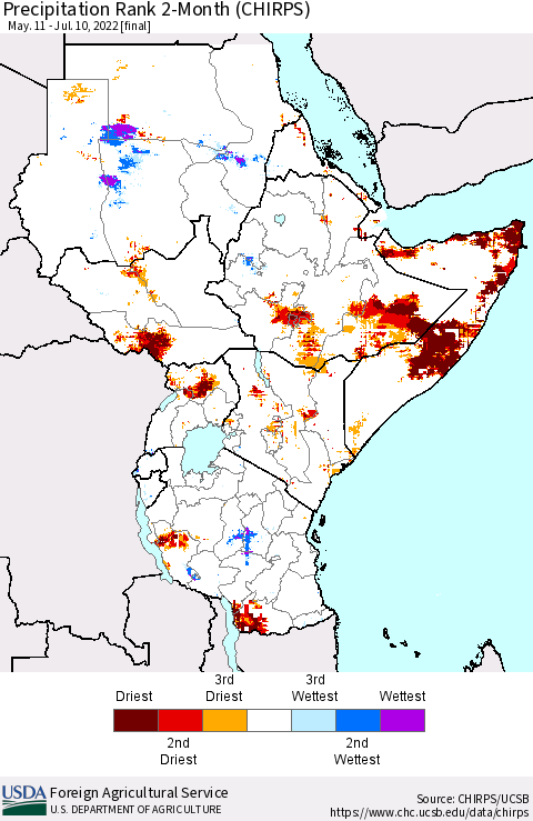 Eastern Africa Precipitation Rank since 1981, 2-Month (CHIRPS) Thematic Map For 5/11/2022 - 7/10/2022