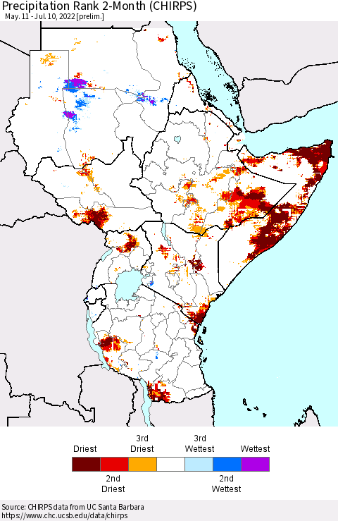 Eastern Africa Precipitation Rank 2-Month (CHIRPS) Thematic Map For 5/11/2022 - 7/10/2022