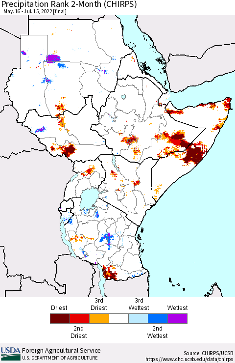 Eastern Africa Precipitation Rank since 1981, 2-Month (CHIRPS) Thematic Map For 5/16/2022 - 7/15/2022