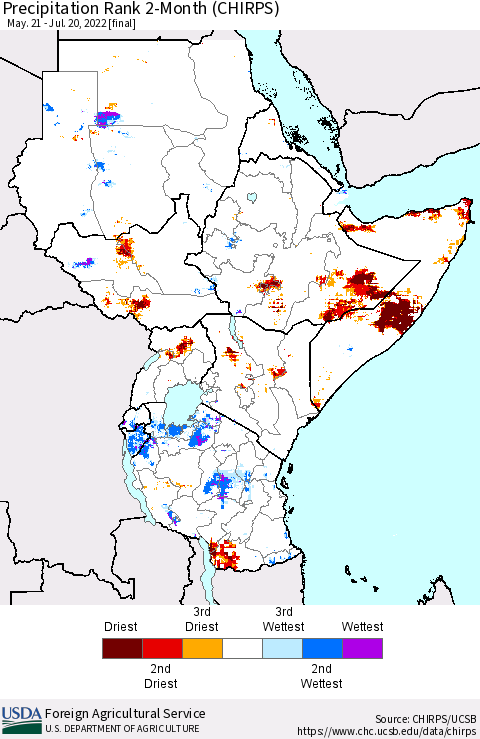 Eastern Africa Precipitation Rank since 1981, 2-Month (CHIRPS) Thematic Map For 5/21/2022 - 7/20/2022