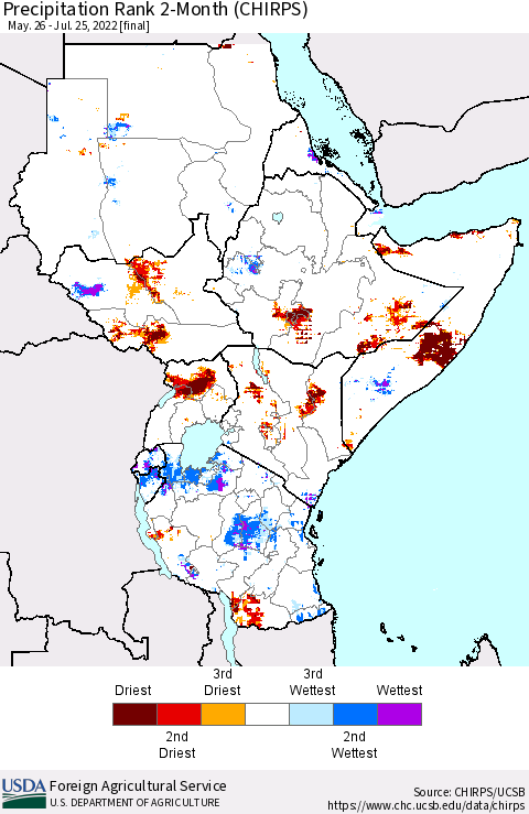 Eastern Africa Precipitation Rank since 1981, 2-Month (CHIRPS) Thematic Map For 5/26/2022 - 7/25/2022