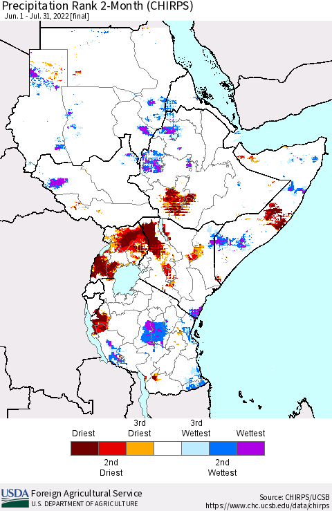 Eastern Africa Precipitation Rank since 1981, 2-Month (CHIRPS) Thematic Map For 6/1/2022 - 7/31/2022