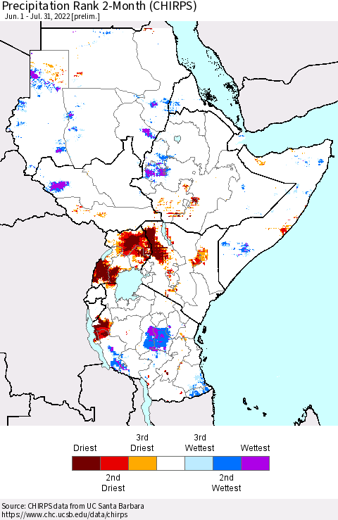 Eastern Africa Precipitation Rank 2-Month (CHIRPS) Thematic Map For 6/1/2022 - 7/31/2022