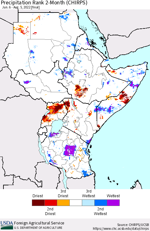 Eastern Africa Precipitation Rank since 1981, 2-Month (CHIRPS) Thematic Map For 6/6/2022 - 8/5/2022