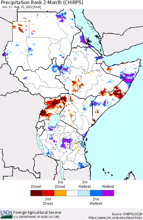 Eastern Africa Precipitation Rank since 1981, 2-Month (CHIRPS) Thematic Map For 6/11/2022 - 8/10/2022