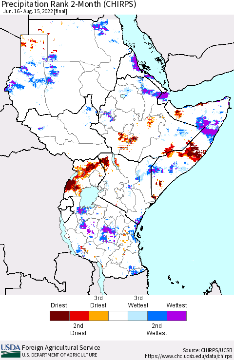 Eastern Africa Precipitation Rank since 1981, 2-Month (CHIRPS) Thematic Map For 6/16/2022 - 8/15/2022