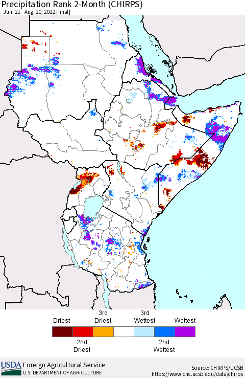 Eastern Africa Precipitation Rank since 1981, 2-Month (CHIRPS) Thematic Map For 6/21/2022 - 8/20/2022