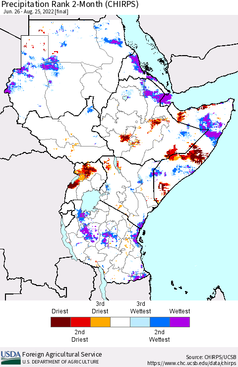 Eastern Africa Precipitation Rank since 1981, 2-Month (CHIRPS) Thematic Map For 6/26/2022 - 8/25/2022