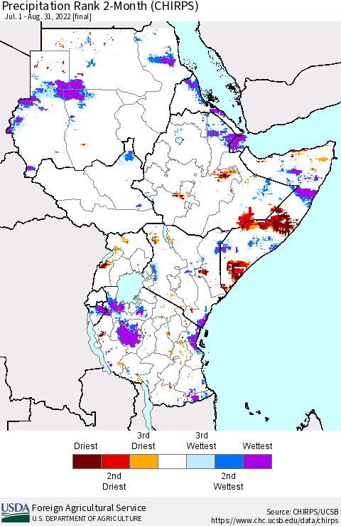 Eastern Africa Precipitation Rank since 1981, 2-Month (CHIRPS) Thematic Map For 7/1/2022 - 8/31/2022