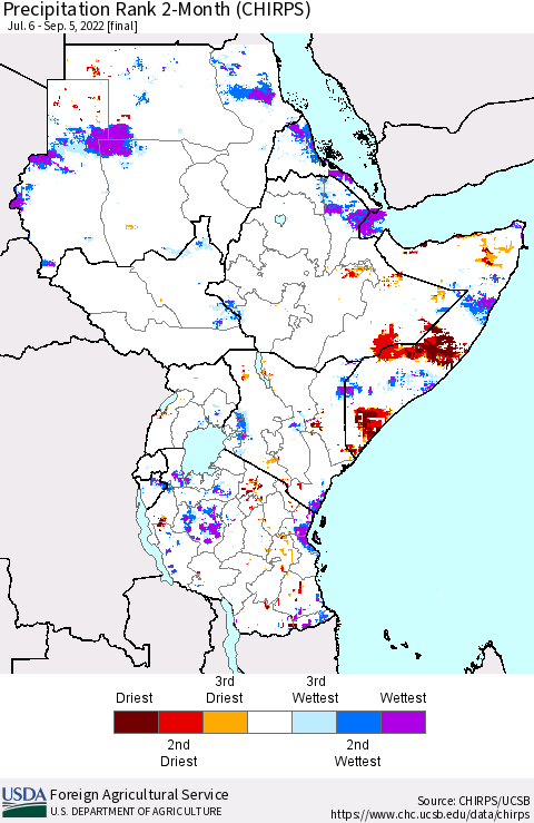 Eastern Africa Precipitation Rank since 1981, 2-Month (CHIRPS) Thematic Map For 7/6/2022 - 9/5/2022