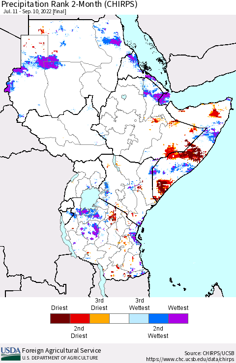 Eastern Africa Precipitation Rank since 1981, 2-Month (CHIRPS) Thematic Map For 7/11/2022 - 9/10/2022