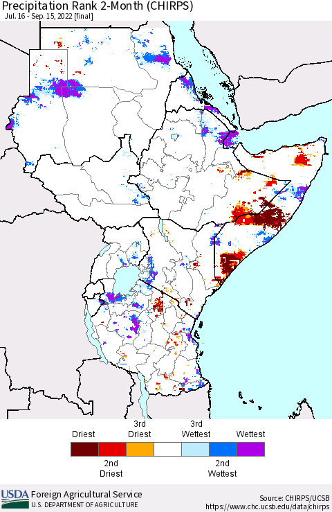 Eastern Africa Precipitation Rank since 1981, 2-Month (CHIRPS) Thematic Map For 7/16/2022 - 9/15/2022