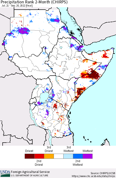 Eastern Africa Precipitation Rank since 1981, 2-Month (CHIRPS) Thematic Map For 7/21/2022 - 9/20/2022