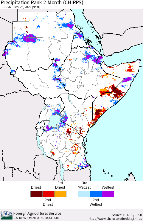 Eastern Africa Precipitation Rank since 1981, 2-Month (CHIRPS) Thematic Map For 7/26/2022 - 9/25/2022