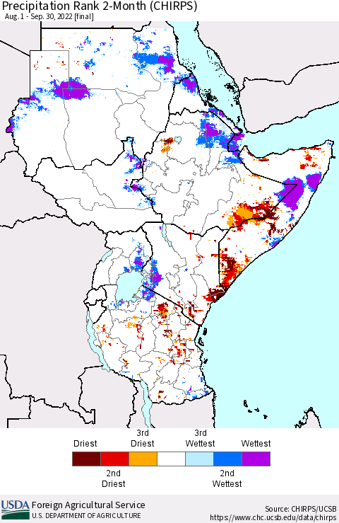 Eastern Africa Precipitation Rank since 1981, 2-Month (CHIRPS) Thematic Map For 8/1/2022 - 9/30/2022