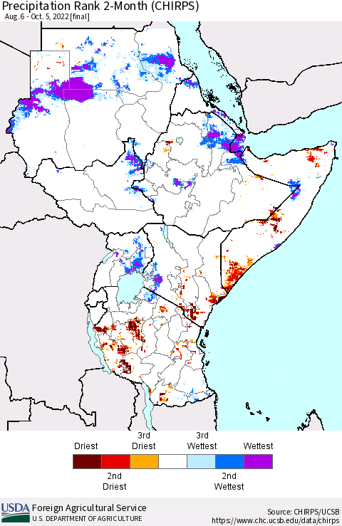 Eastern Africa Precipitation Rank since 1981, 2-Month (CHIRPS) Thematic Map For 8/6/2022 - 10/5/2022