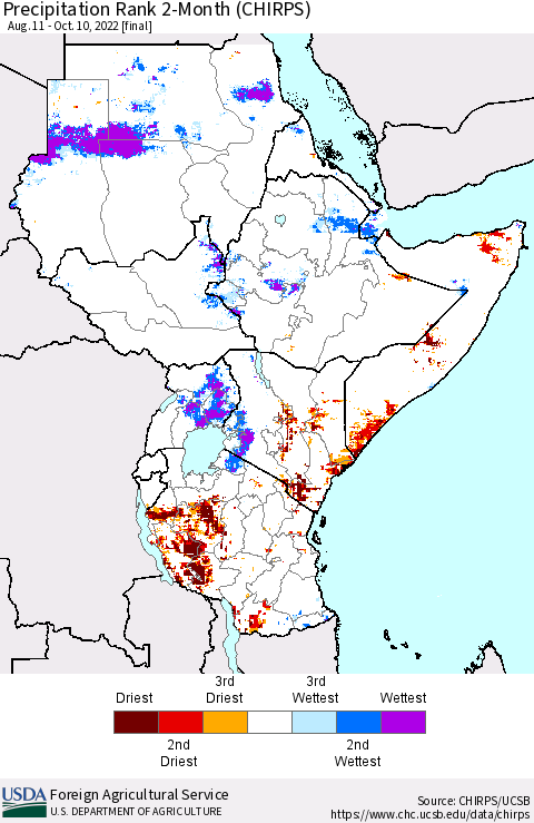 Eastern Africa Precipitation Rank since 1981, 2-Month (CHIRPS) Thematic Map For 8/11/2022 - 10/10/2022