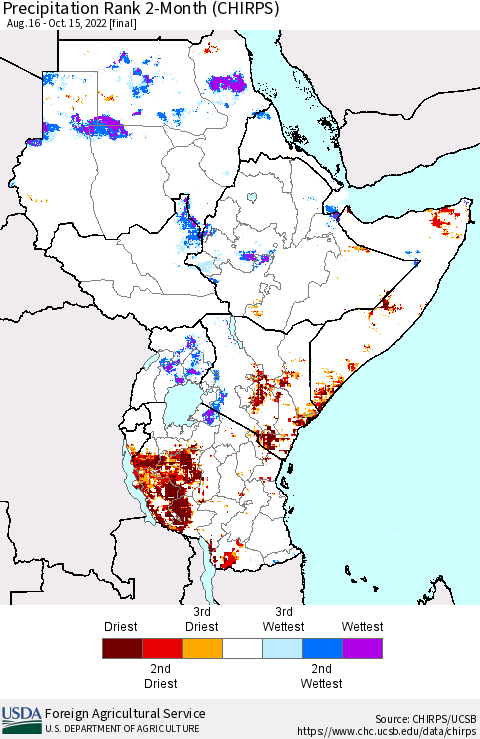 Eastern Africa Precipitation Rank since 1981, 2-Month (CHIRPS) Thematic Map For 8/16/2022 - 10/15/2022