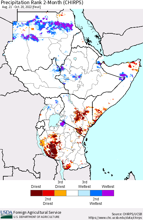 Eastern Africa Precipitation Rank since 1981, 2-Month (CHIRPS) Thematic Map For 8/21/2022 - 10/20/2022