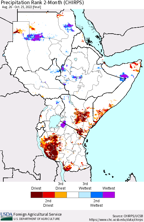 Eastern Africa Precipitation Rank since 1981, 2-Month (CHIRPS) Thematic Map For 8/26/2022 - 10/25/2022