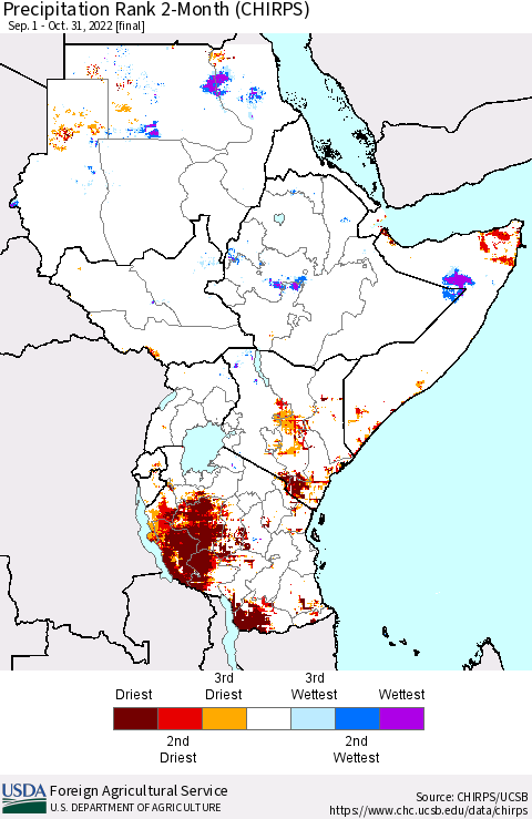 Eastern Africa Precipitation Rank since 1981, 2-Month (CHIRPS) Thematic Map For 9/1/2022 - 10/31/2022