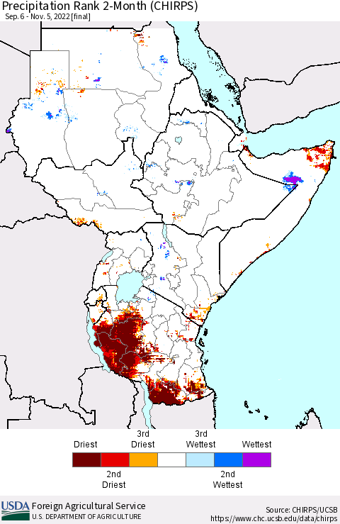 Eastern Africa Precipitation Rank since 1981, 2-Month (CHIRPS) Thematic Map For 9/6/2022 - 11/5/2022