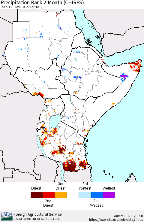 Eastern Africa Precipitation Rank since 1981, 2-Month (CHIRPS) Thematic Map For 9/11/2022 - 11/10/2022