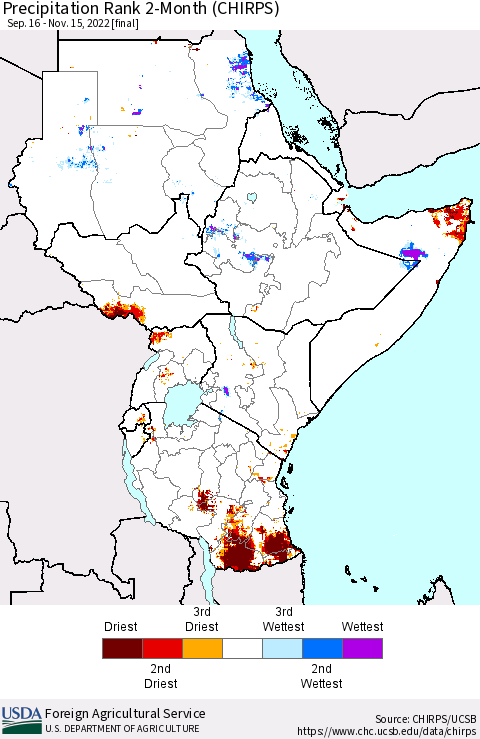 Eastern Africa Precipitation Rank since 1981, 2-Month (CHIRPS) Thematic Map For 9/16/2022 - 11/15/2022