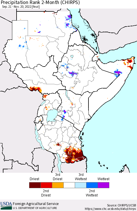 Eastern Africa Precipitation Rank since 1981, 2-Month (CHIRPS) Thematic Map For 9/21/2022 - 11/20/2022