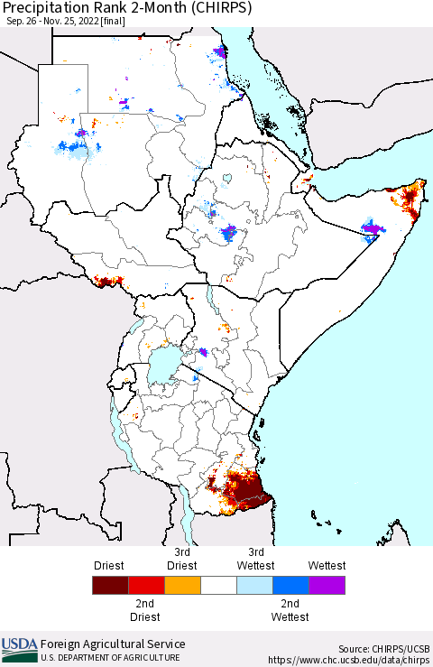 Eastern Africa Precipitation Rank since 1981, 2-Month (CHIRPS) Thematic Map For 9/26/2022 - 11/25/2022