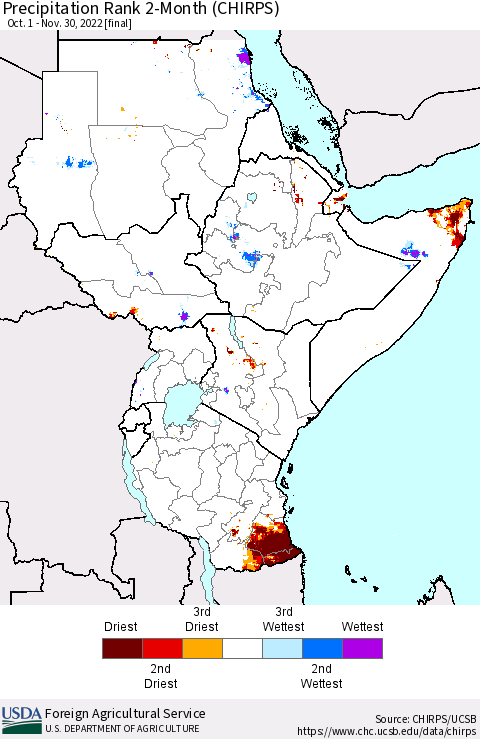 Eastern Africa Precipitation Rank since 1981, 2-Month (CHIRPS) Thematic Map For 10/1/2022 - 11/30/2022