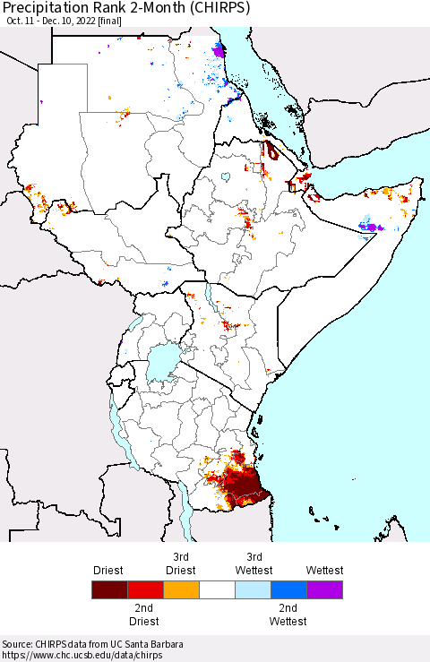 Eastern Africa Precipitation Rank since 1981, 2-Month (CHIRPS) Thematic Map For 10/11/2022 - 12/10/2022