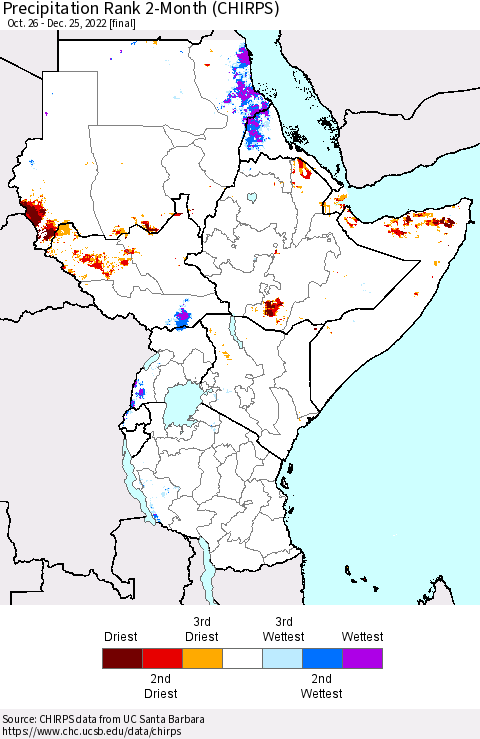 Eastern Africa Precipitation Rank since 1981, 2-Month (CHIRPS) Thematic Map For 10/26/2022 - 12/25/2022