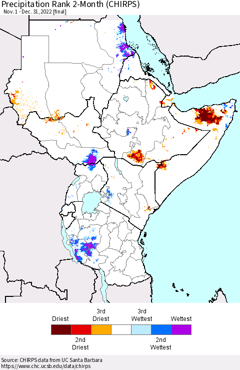 Eastern Africa Precipitation Rank since 1981, 2-Month (CHIRPS) Thematic Map For 11/1/2022 - 12/31/2022