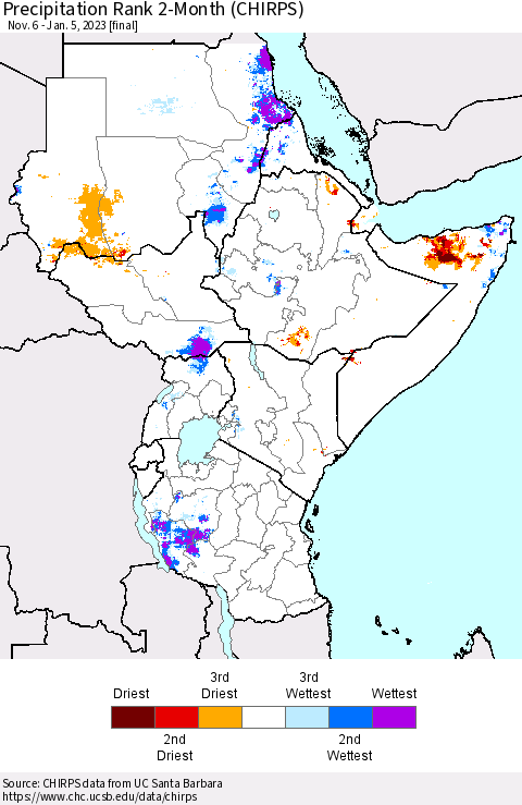 Eastern Africa Precipitation Rank since 1981, 2-Month (CHIRPS) Thematic Map For 11/6/2022 - 1/5/2023