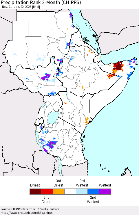 Eastern Africa Precipitation Rank since 1981, 2-Month (CHIRPS) Thematic Map For 11/21/2022 - 1/20/2023