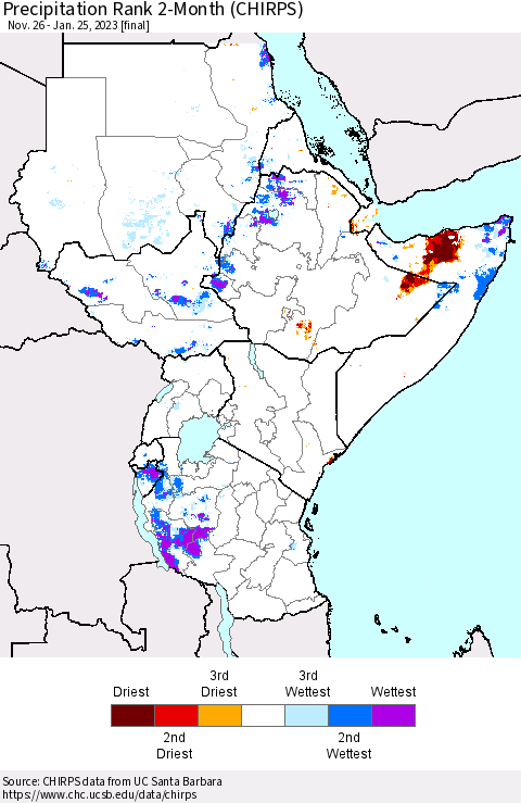 Eastern Africa Precipitation Rank since 1981, 2-Month (CHIRPS) Thematic Map For 11/26/2022 - 1/25/2023