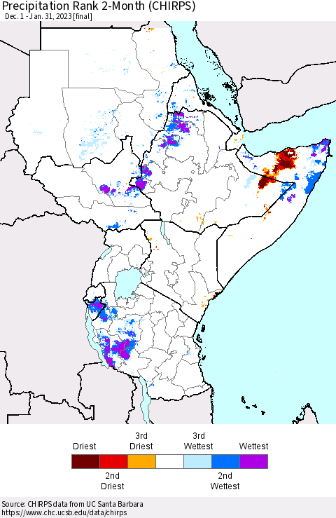 Eastern Africa Precipitation Rank since 1981, 2-Month (CHIRPS) Thematic Map For 12/1/2022 - 1/31/2023