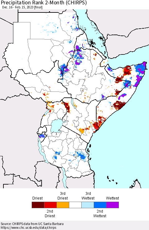 Eastern Africa Precipitation Rank since 1981, 2-Month (CHIRPS) Thematic Map For 12/16/2022 - 2/15/2023
