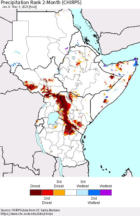 Eastern Africa Precipitation Rank since 1981, 2-Month (CHIRPS) Thematic Map For 1/6/2023 - 3/5/2023