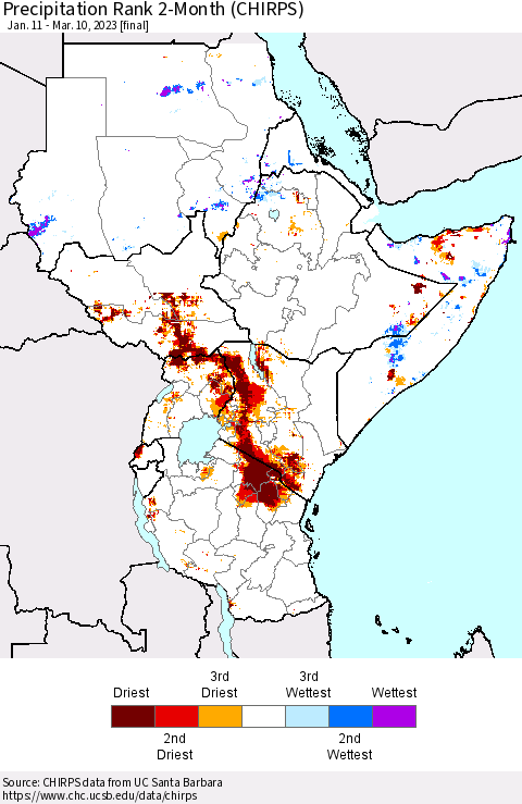 Eastern Africa Precipitation Rank since 1981, 2-Month (CHIRPS) Thematic Map For 1/11/2023 - 3/10/2023