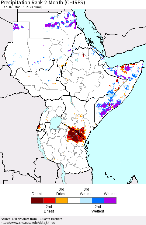 Eastern Africa Precipitation Rank since 1981, 2-Month (CHIRPS) Thematic Map For 1/16/2023 - 3/15/2023
